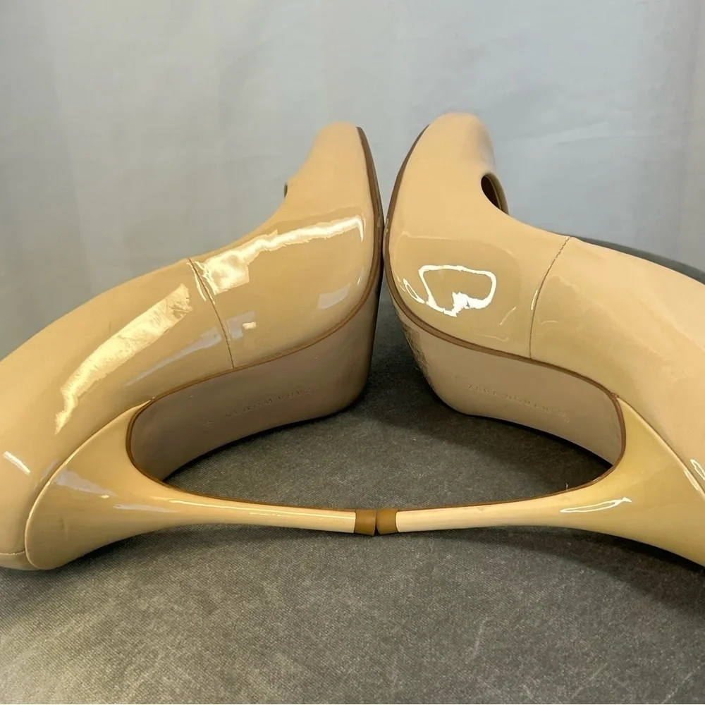 Zara light beige tan brown patent high heel pumps Sz 40 - Picture 7 of 12